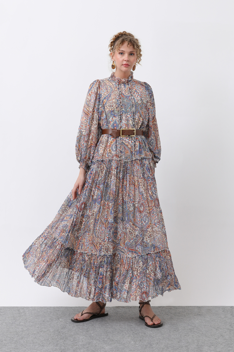 Women's Ruffle And Belt Detailed Patterned Dress - Puane - Globality Store - Women Clothes Wholesale Turkey