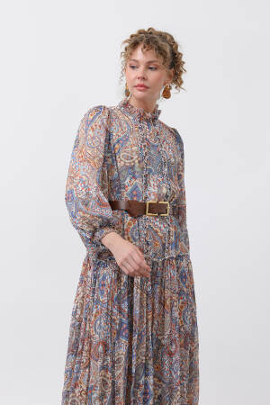 Women's Ruffle And Belt Detailed Patterned Dress - Puane - Globality Store - Women Clothes Wholesale Turkey