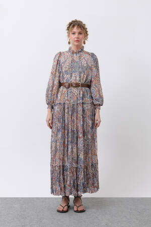 Women's Ruffle And Belt Detailed Patterned Dress - Puane - Globality Store - Women Clothes Wholesale Turkey