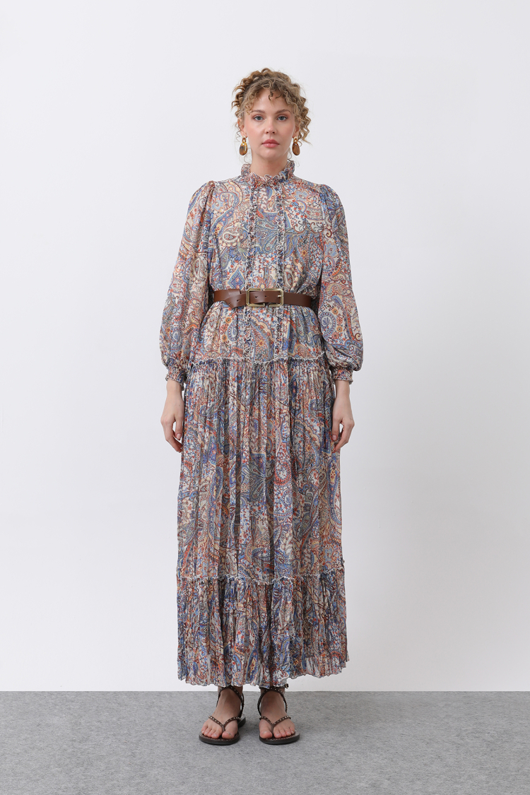 Women's Ruffle And Belt Detailed Patterned Dress