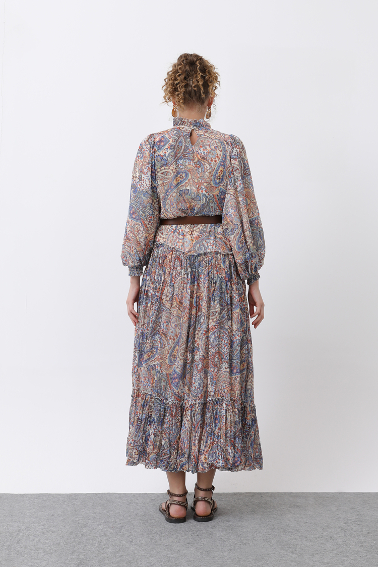 Women's Ruffle And Belt Detailed Patterned Dress