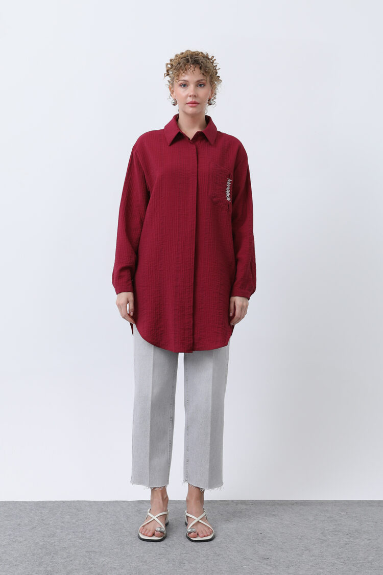 Women's Pocket Zigzag Embroidery Detailed Shirt