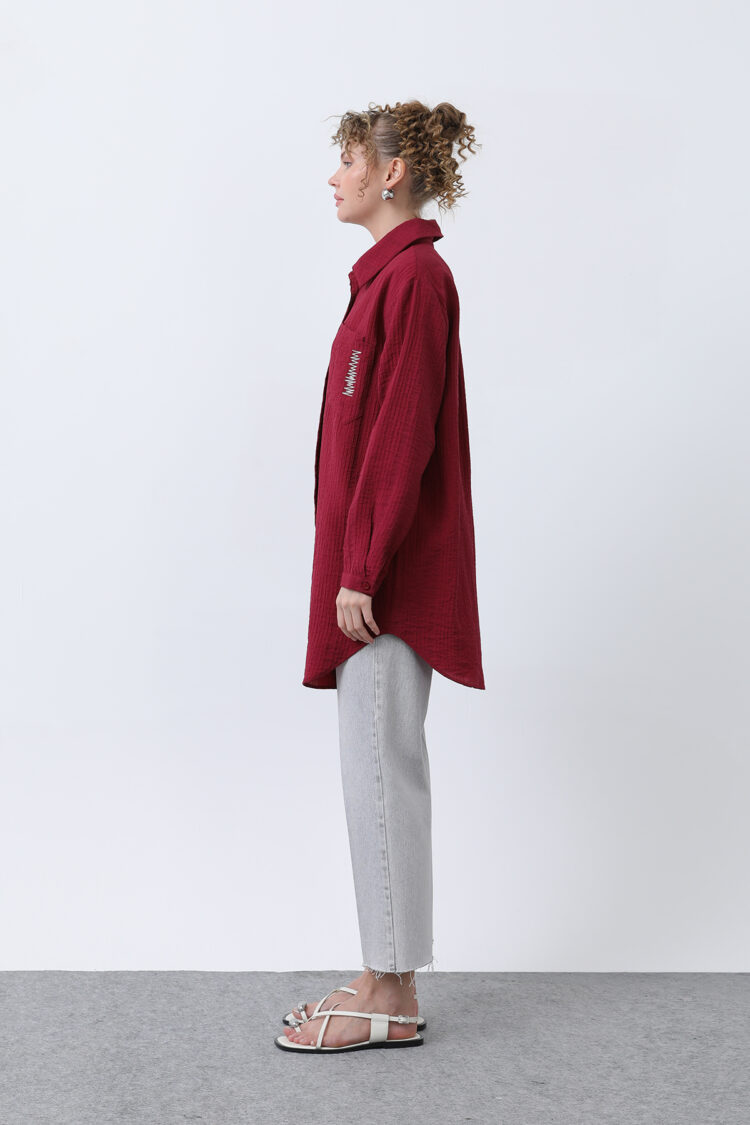 Women's Pocket Zigzag Embroidery Detailed Shirt