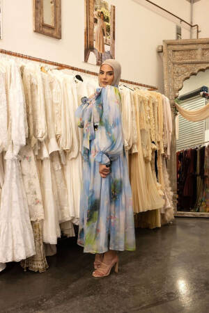 Tie Neck Detailed Burkini Chiffon Dress - Blue - Mode Roy - Globality Store - Women Clothes Wholesale Turkey
