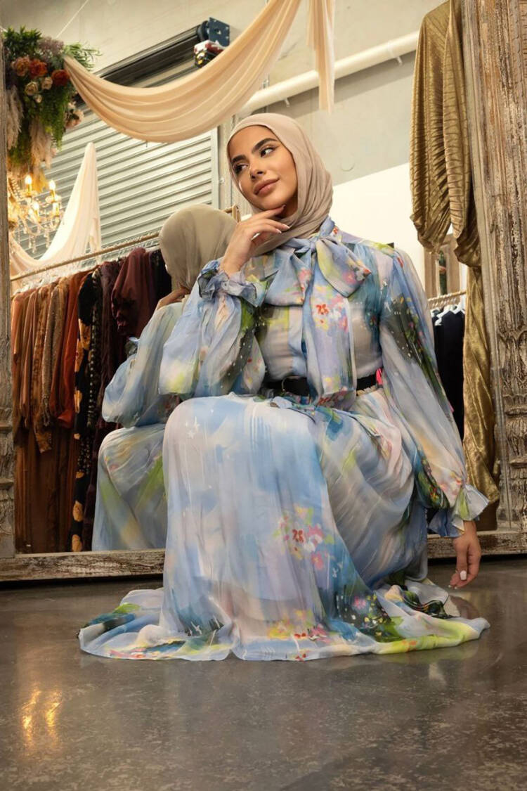Tie Neck Detailed Burkini Chiffon Dress - Blue