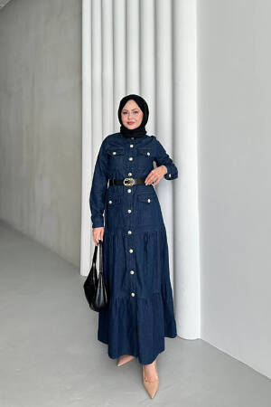 Denim Fabric Belted Button Detailed Burkini Dress - Blue - Mode Roy - Globality Store - Women Clothes Wholesale Turkey