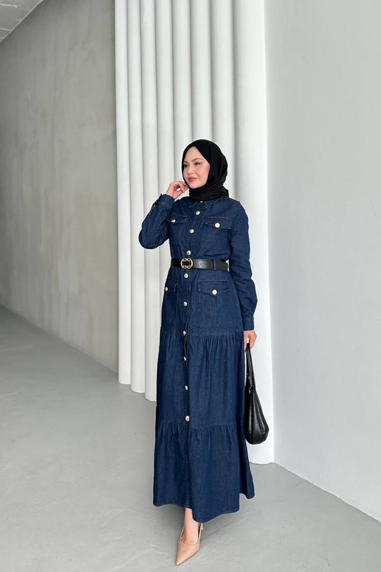 Denim Fabric Belted Button Detailed Burkini Dress - Blue