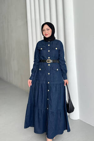 Denim Fabric Belted Button Detailed Burkini Dress - Blue - Mode Roy - Globality Store - Women Clothes Wholesale Turkey