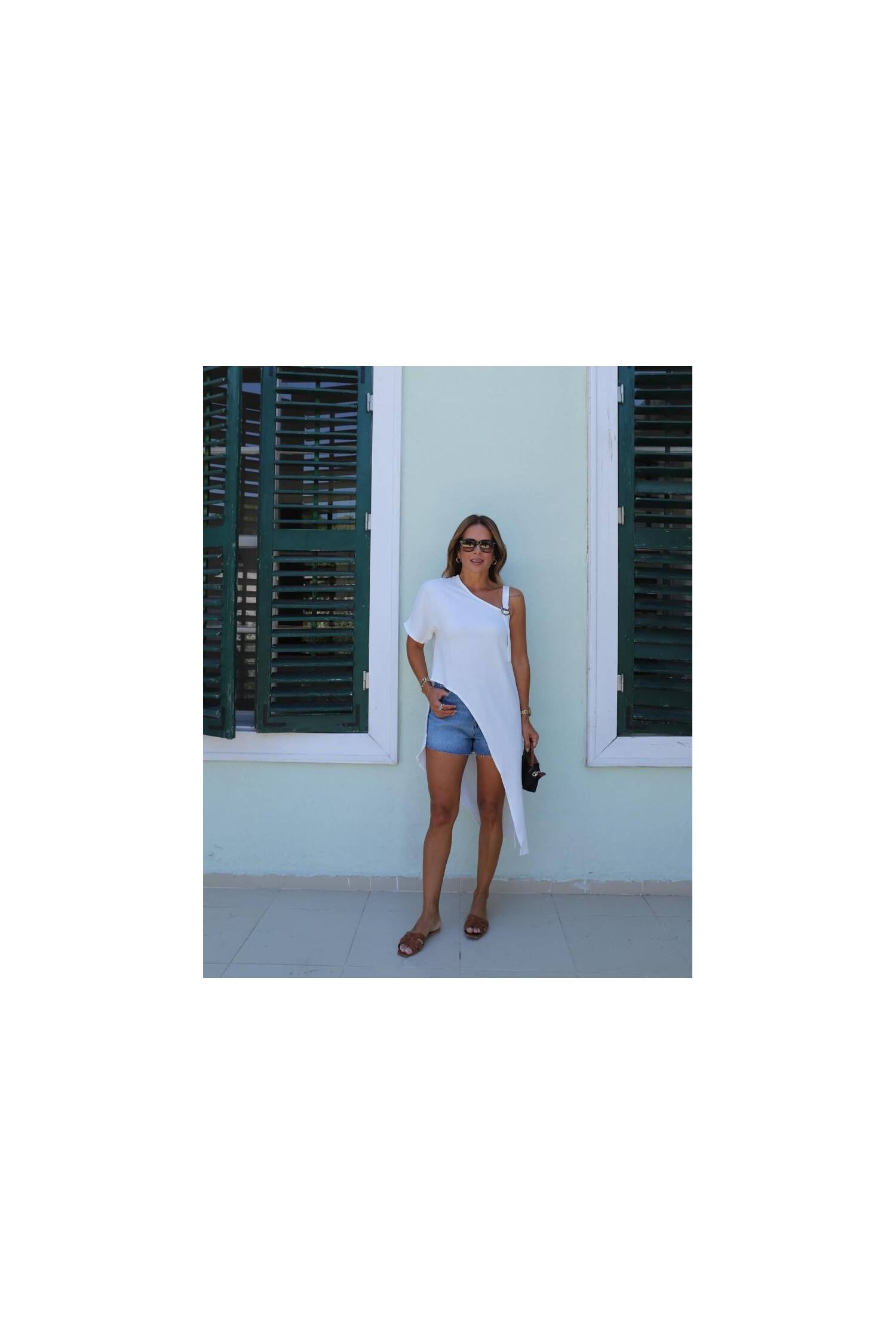 Women's One Shoulder Open Strap Asymmetric Cut Detailed Blouse - Brand: Janes - Women's Clothing Wholesale - Globality Store