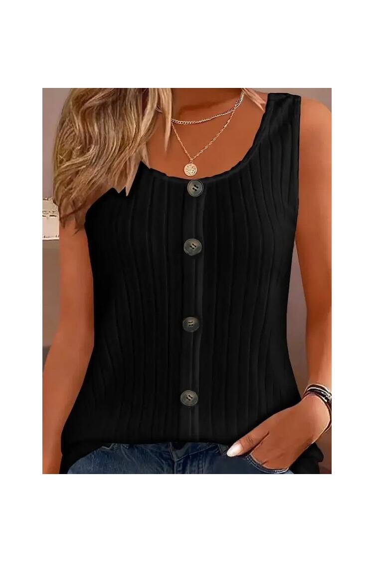 Women's Strappy Round Neck Front Buttoned Thick Ribbed Camisole Blouse - Black