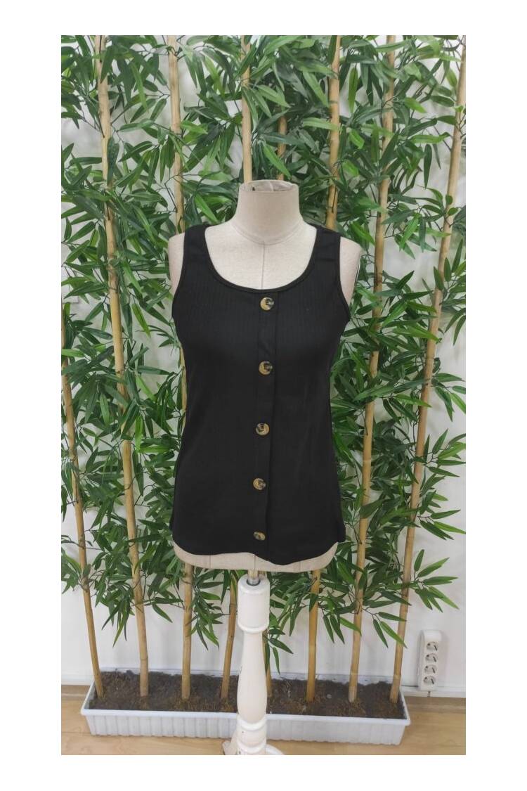 Women's Strappy Round Neck Front Buttoned Thick Ribbed Camisole Blouse - Black