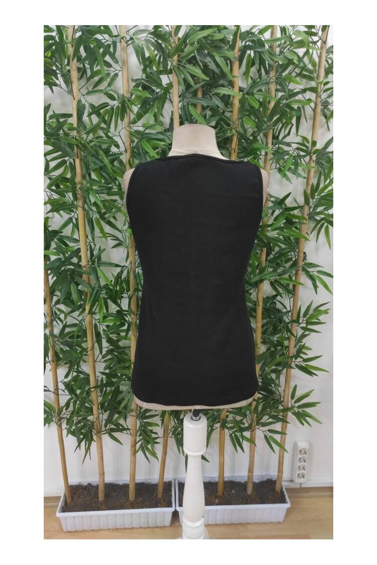 Women's Strappy Round Neck Front Buttoned Thick Ribbed Camisole Blouse - Black