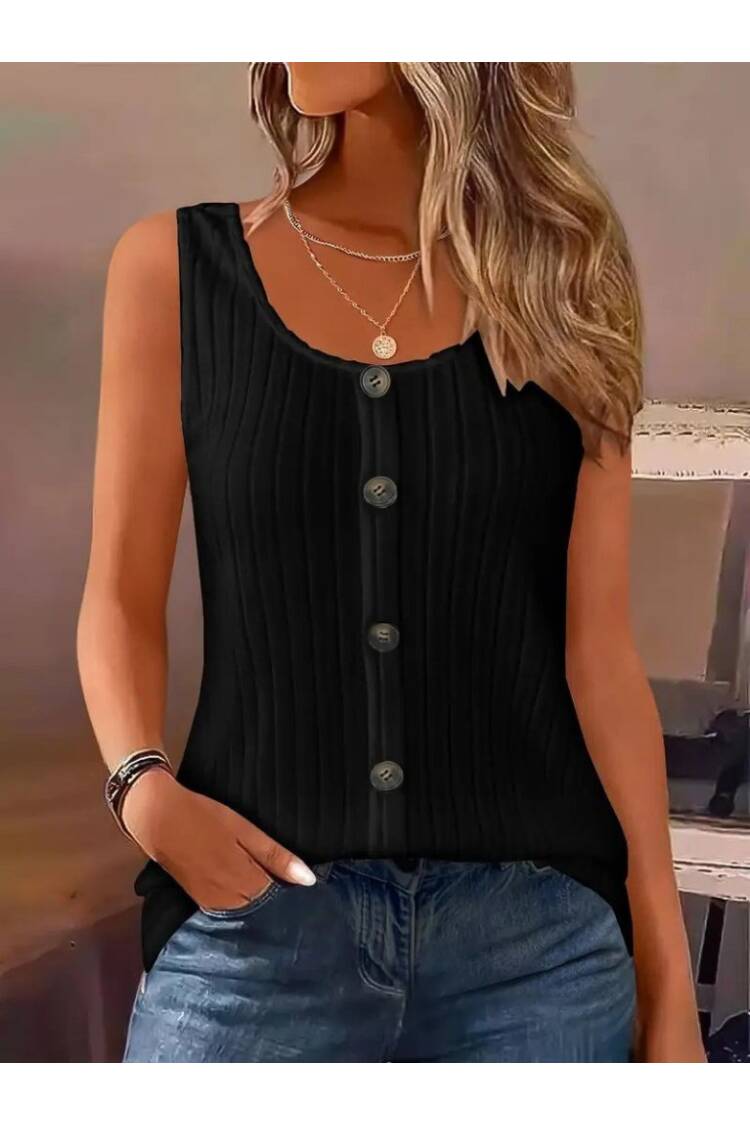 Women's Strappy Round Neck Front Buttoned Thick Ribbed Camisole Blouse - Black