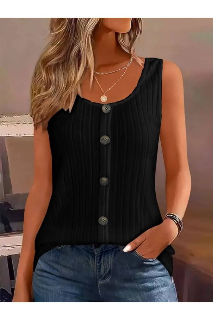 Women's Strappy Round Neck Front Buttoned Thick Ribbed Camisole Blouse - Black - Brand: Janes - Women's Clothing Wholesale - Globality Store