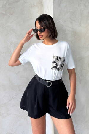 Pocket Detailed T-Shirt - Cream - Brand: Topshow - Women's Clothing Wholesale - Globality Store