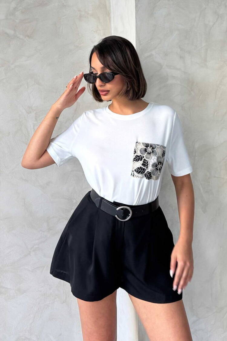Pocket Detailed T-Shirt - Cream - Brand: Topshow - Women's Clothing Wholesale - Globality Store