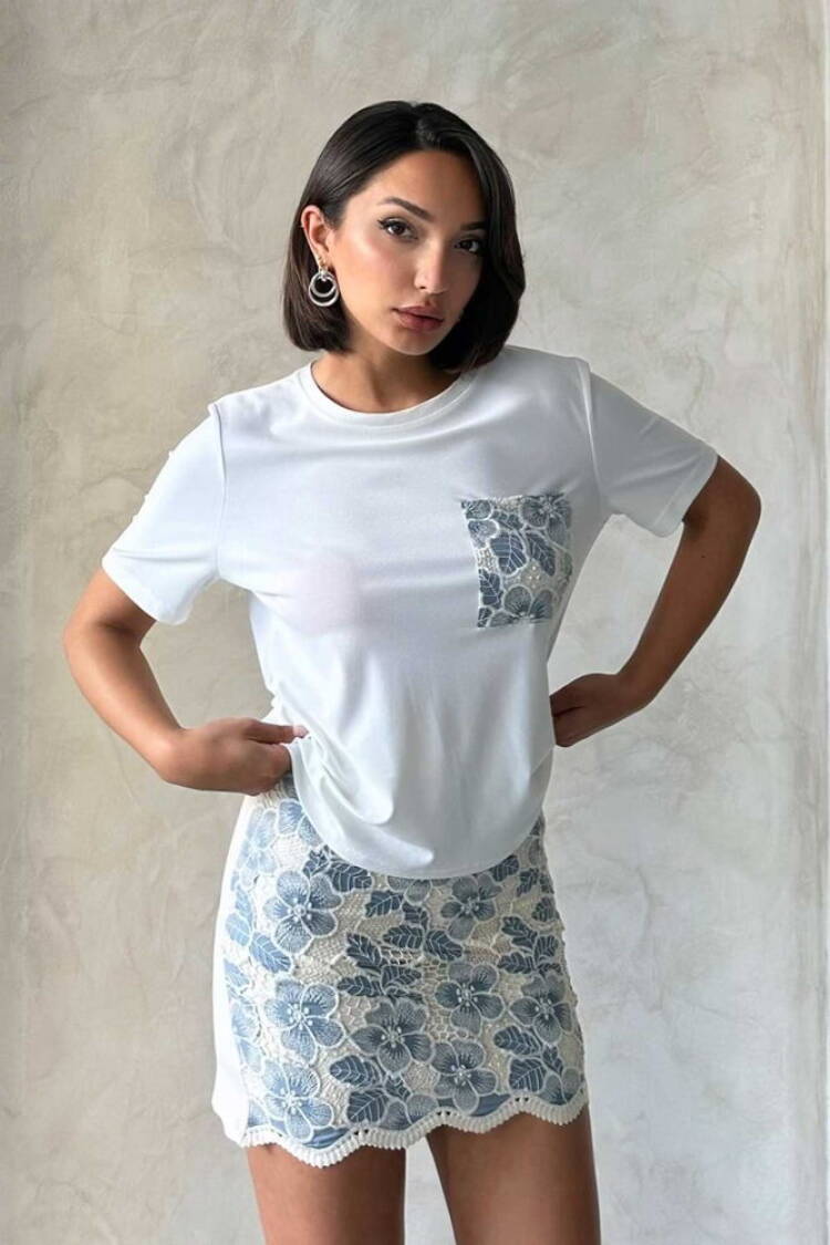 Pocket Detailed T-Shirt - Cream - Topshow - Globality Store - Women Clothes Wholesale Turkey