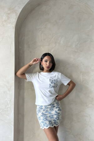 Pocket Detailed T-Shirt - Cream - Topshow - Globality Store - Women Clothes Wholesale Turkey