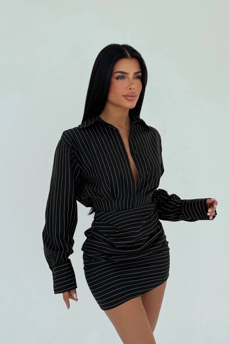 Striped Shirt Collar Mini Dress - Brand: EYYO ATELIER - Women's Clothing Wholesale - Globality Store