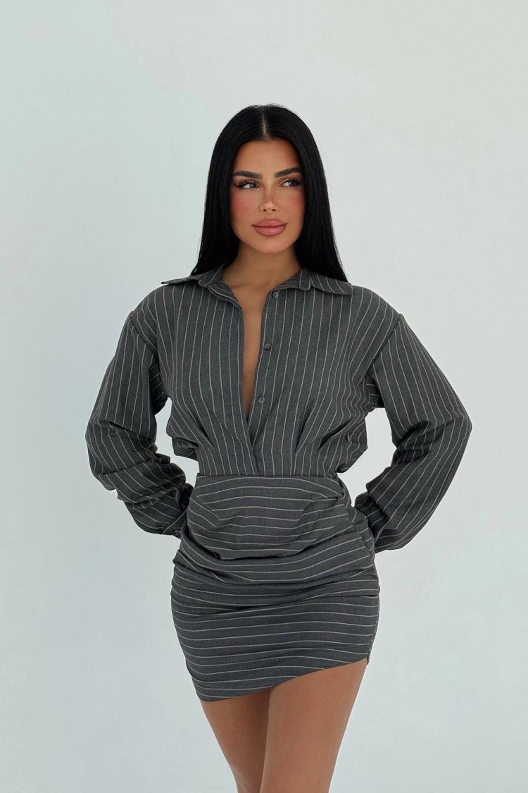 Gray Striped Shirt Collar Mini Dress