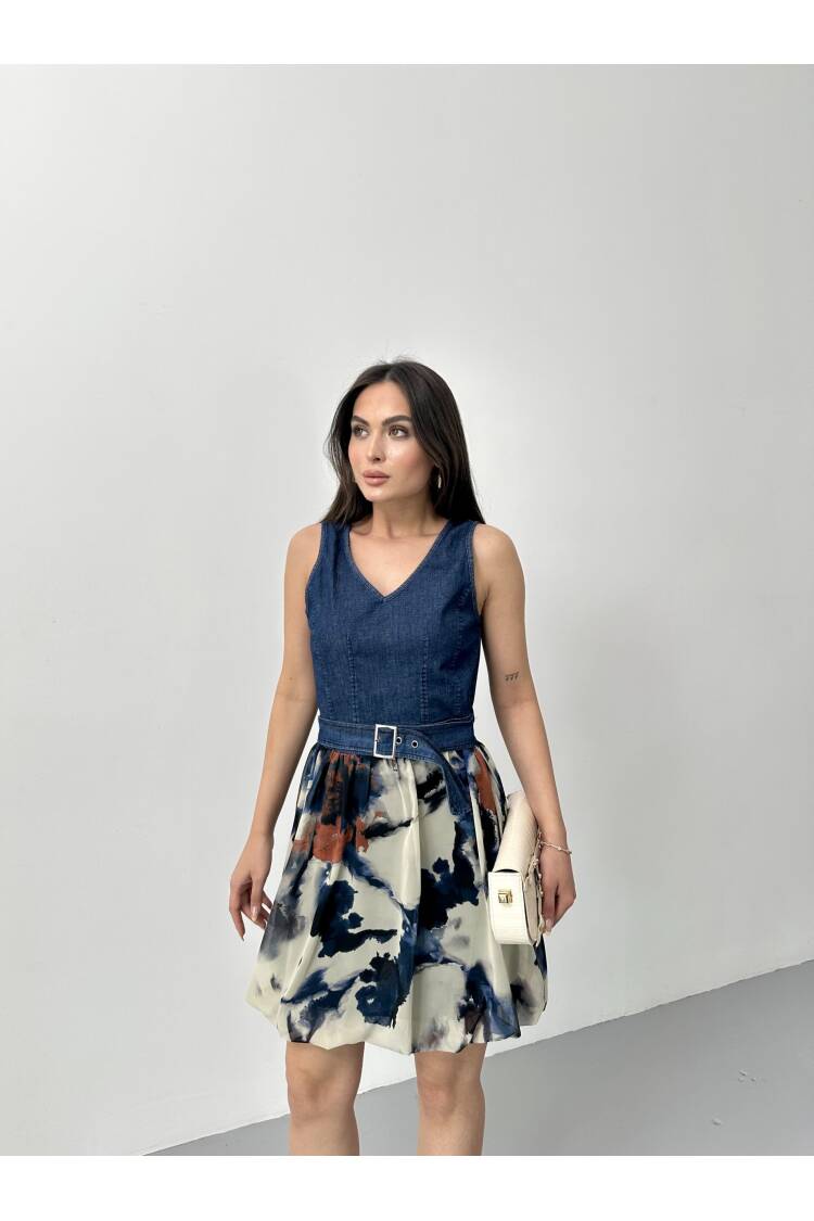 Denim Dress With Balloon Skirt - STEPS - Globality Store - Women Clothes Wholesale Turkey