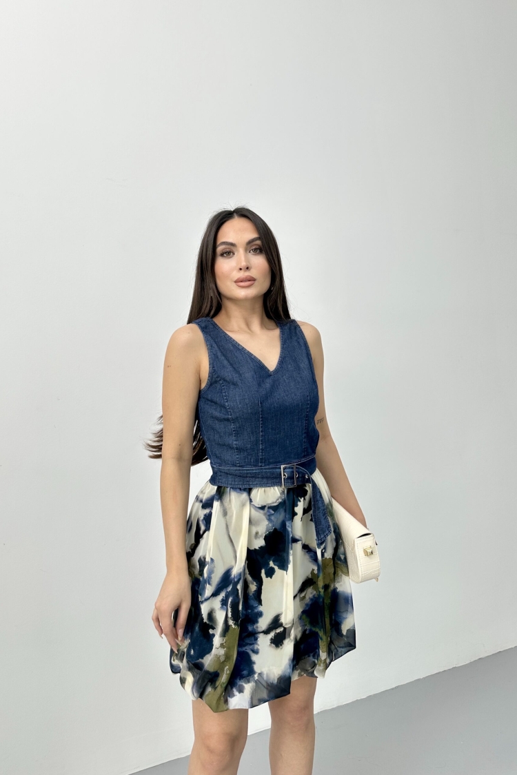 Denim Dress With Balloon Skirt - STEPS - Globality Store - Women Clothes Wholesale Turkey