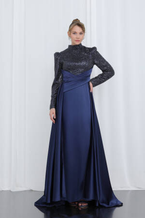 Women's Embroidered Long Sleeve Draped Evening Dress - Puane - Globality Store - Women Clothes Wholesale Turkey
