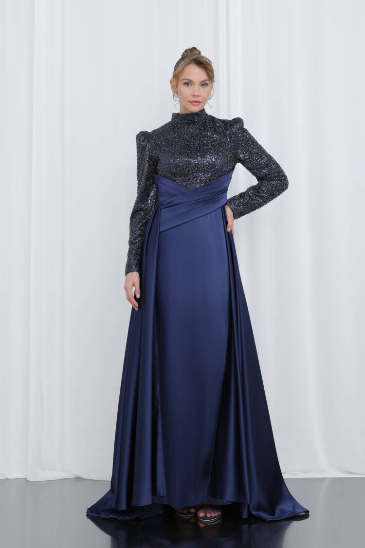 Women's Embroidered Long Sleeve Draped Evening Dress