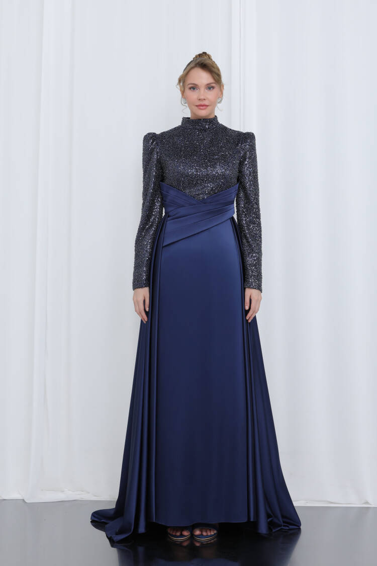 Women's Embroidered Long Sleeve Draped Evening Dress - Puane - Globality Store - Women Clothes Wholesale Turkey