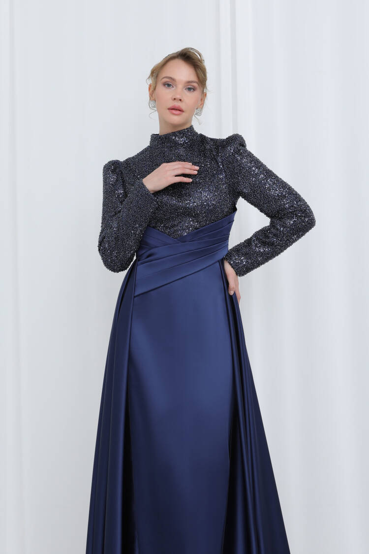Women's Embroidered Long Sleeve Draped Evening Dress