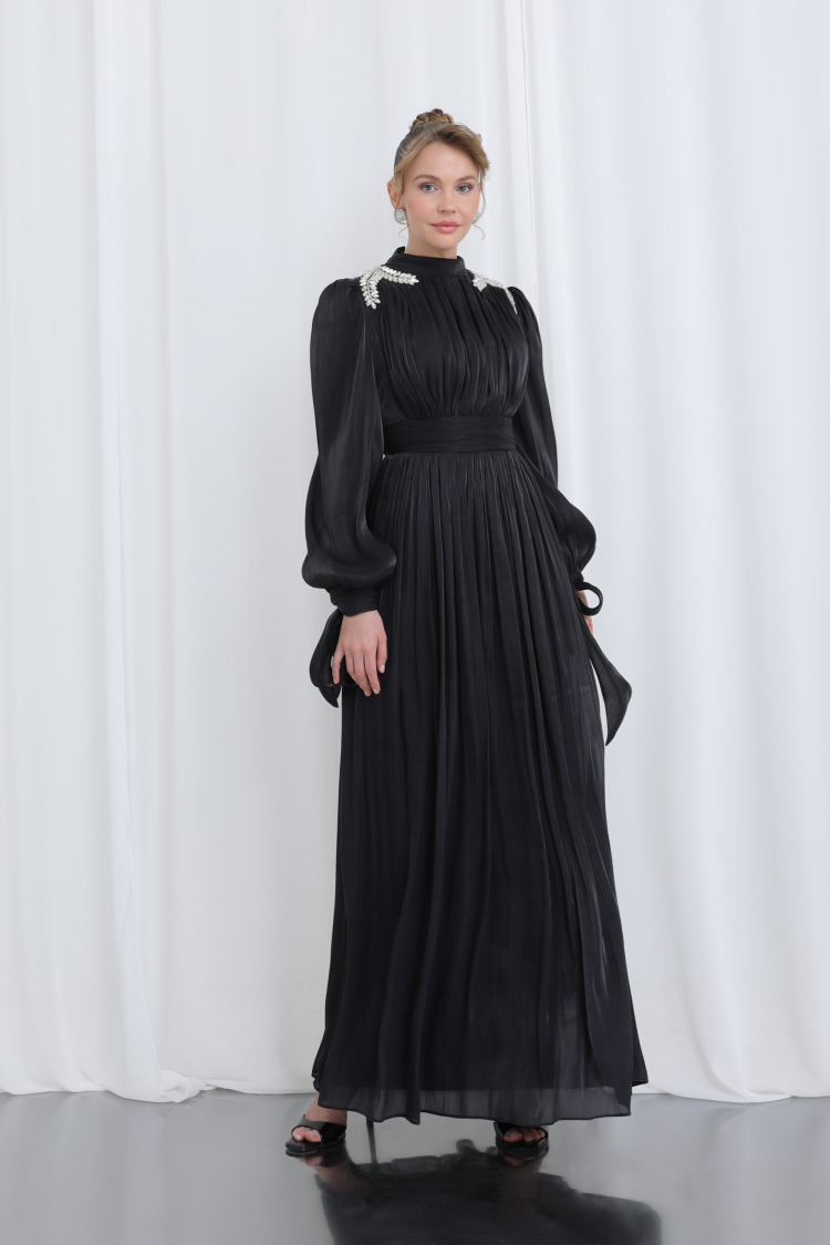 Women's Shoulder Stone Detailed Pleated Draped Burkini Evening Dress - Puane - Globality Store - Women Clothes Wholesale Turkey