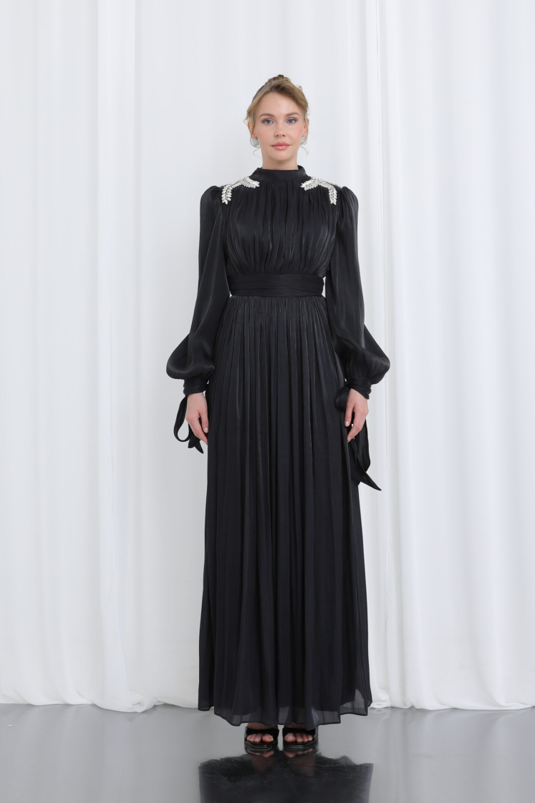 Women's Shoulder Stone Detailed Pleated Draped Burkini Evening Dress