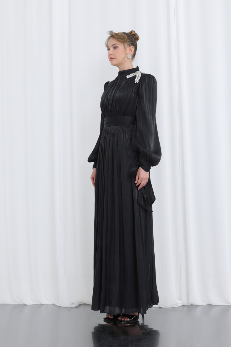 Women's Shoulder Stone Detailed Pleated Draped Burkini Evening Dress