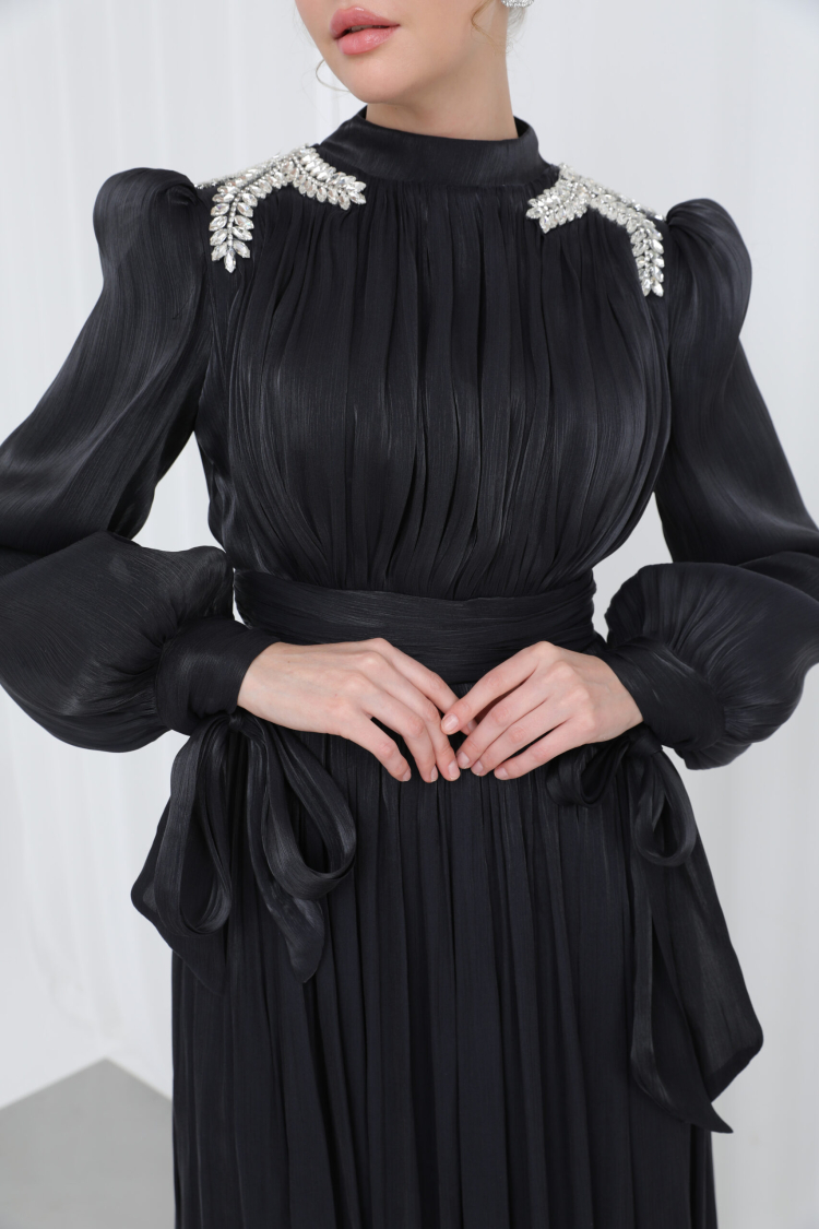 Women's Shoulder Stone Detailed Pleated Draped Burkini Evening Dress