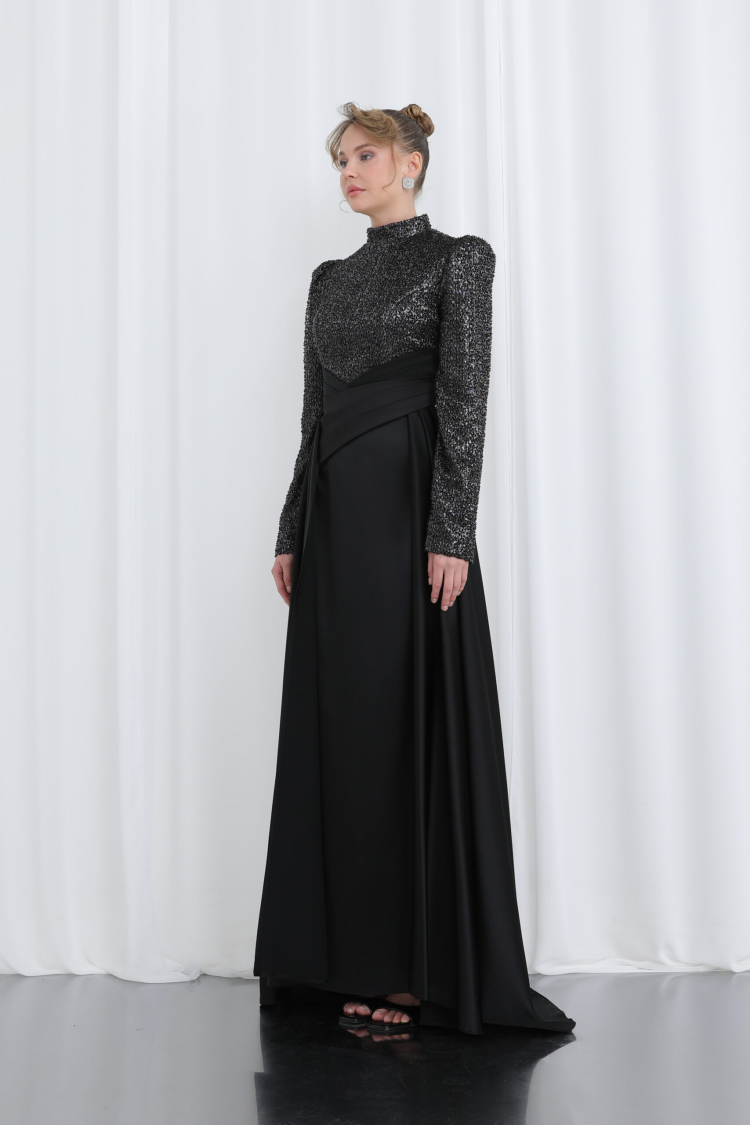Women's Embroidered Long Sleeve Draped Evening Dress