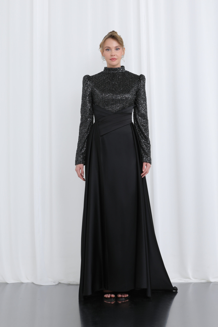 Women's Embroidered Long Sleeve Draped Evening Dress