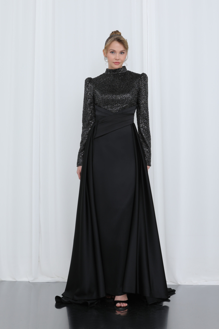 Women's Embroidered Long Sleeve Draped Evening Dress - Puane - Globality Store - Women Clothes Wholesale Turkey