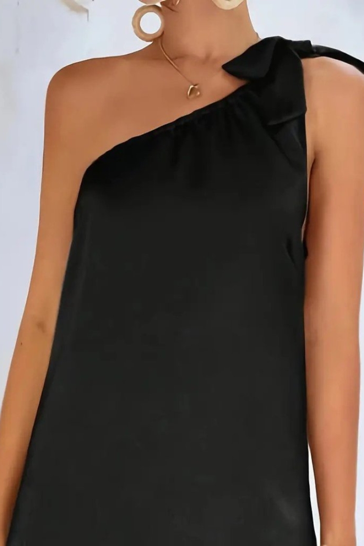 Women's One-Shoulder Strap Ribbon Detailed Slit Long Janjan Crepe Dress - Black
