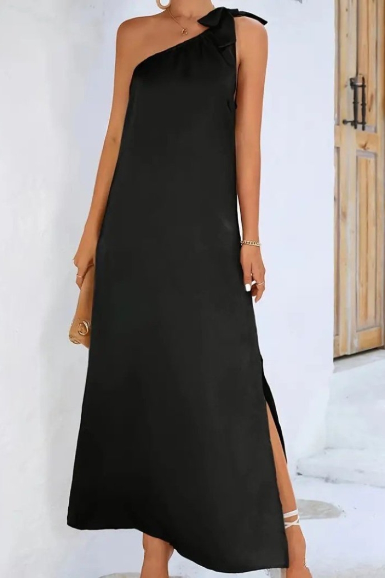 Women's One-Shoulder Strap Ribbon Detailed Slit Long Janjan Crepe Dress - Black