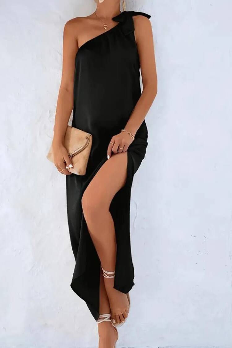Women's One-Shoulder Strap Ribbon Detailed Slit Long Janjan Crepe Dress - Black - Janes - Globality Store - Women Clothes Wholesale Turkey
