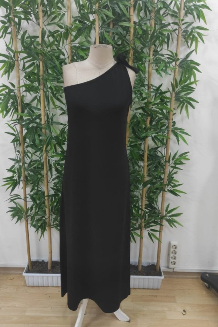 Women's One-Shoulder Strap Ribbon Detailed Slit Long Janjan Crepe Dress - Black