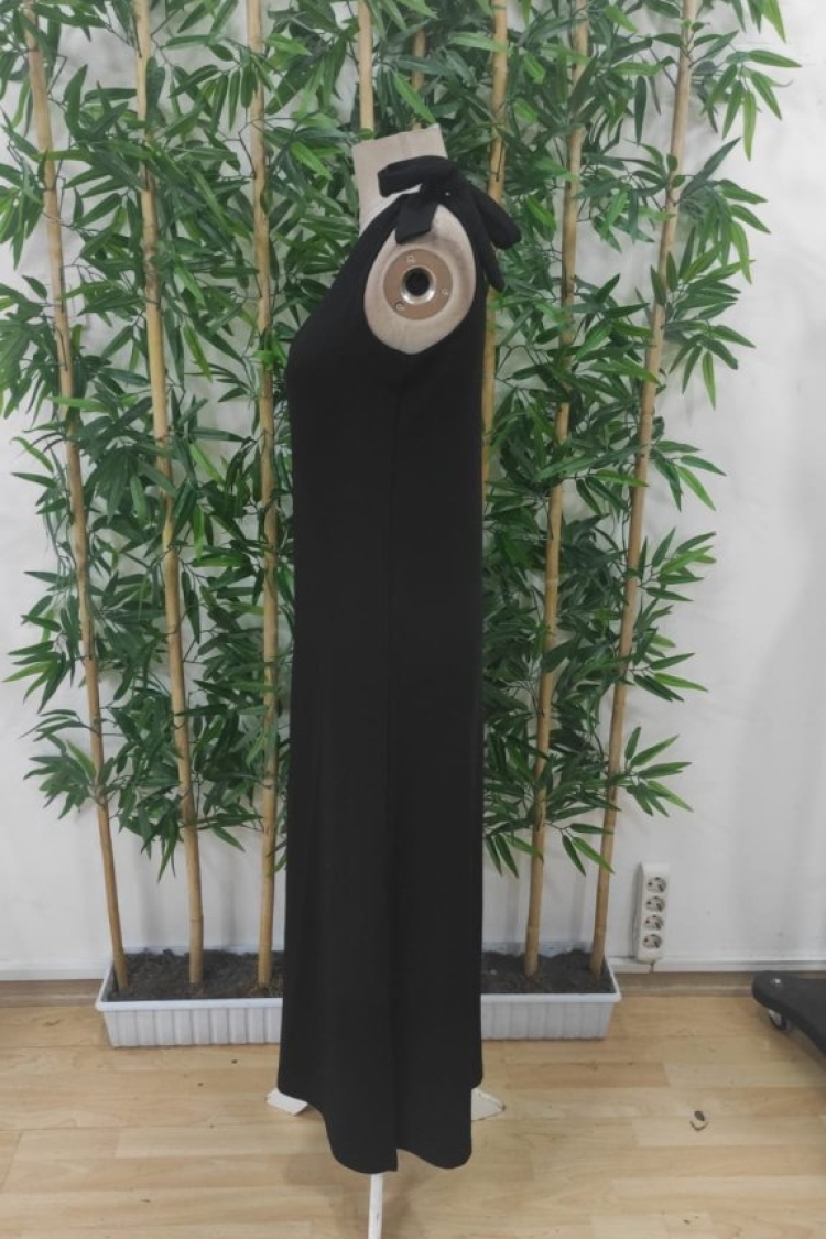 Women's One-Shoulder Strap Ribbon Detailed Slit Long Janjan Crepe Dress - Black