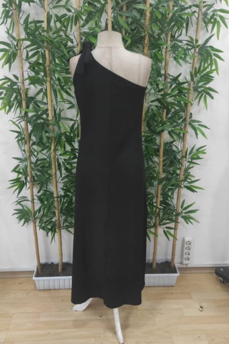 Women's One-Shoulder Strap Ribbon Detailed Slit Long Janjan Crepe Dress - Black