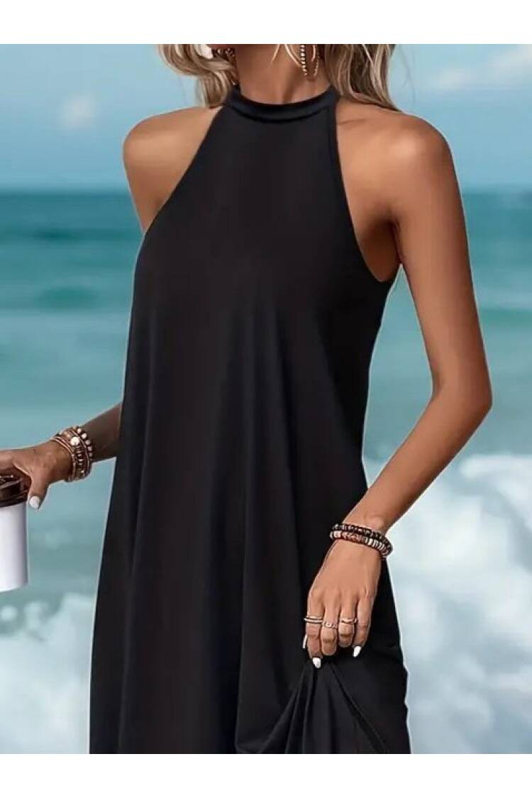 Women's Circle Neck Raglan Sleeve Viscose Dress - Black