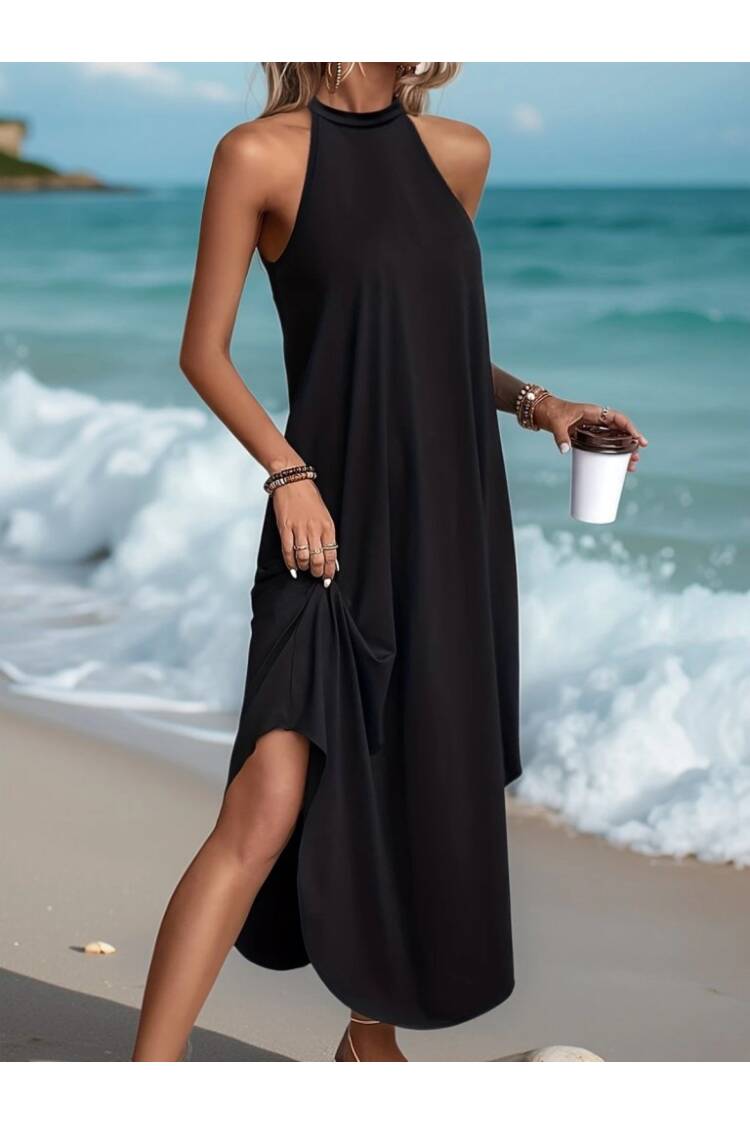Women's Circle Neck Raglan Sleeve Viscose Dress - Black