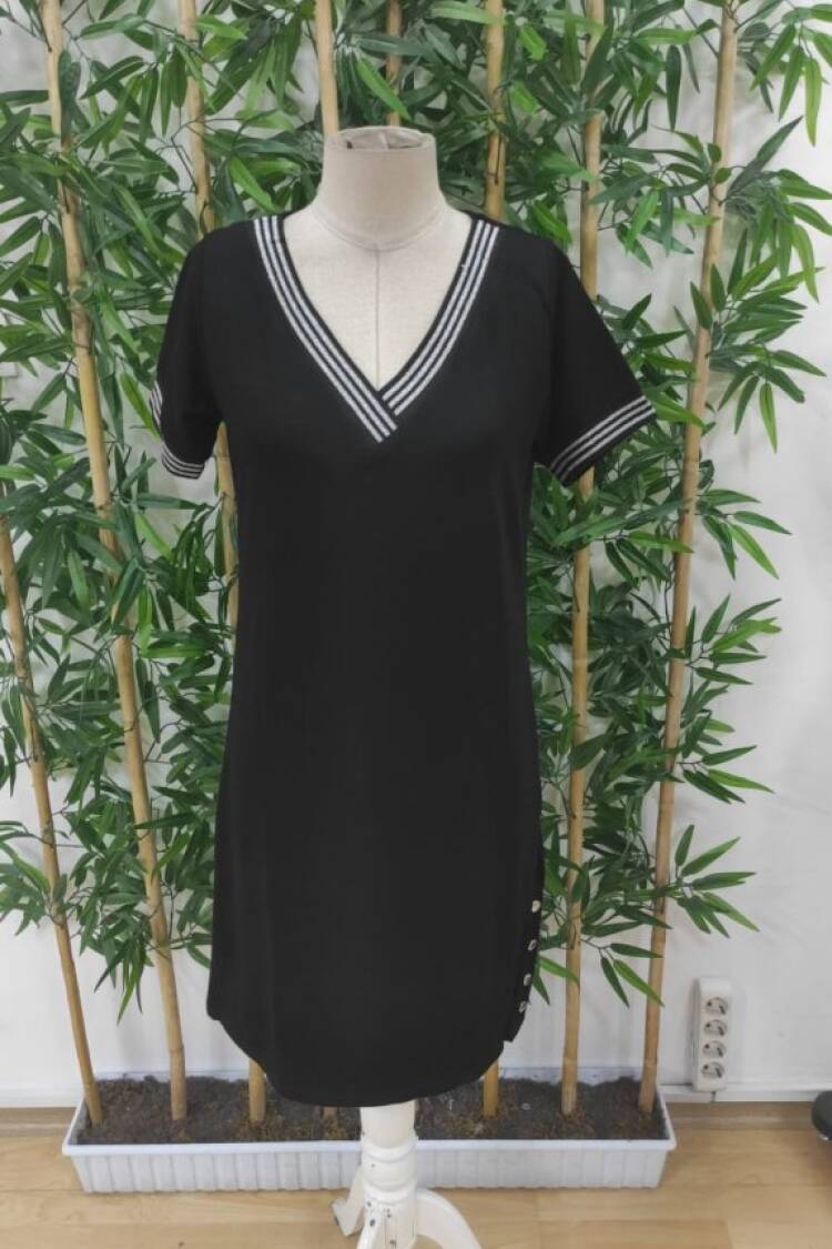 Women's Short Sleeve V Neck Side Slit And Buttoned Viscose Two-Thread Dress - Black
