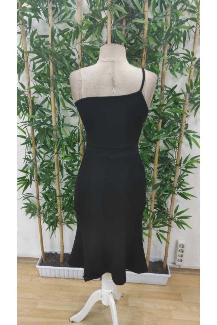 Women's Short Sleeve V Neck Side Slit And Buttoned Viscose Two-Thread Dress - Black