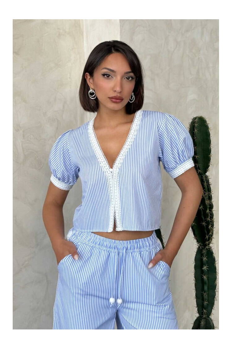 Guipure Detailed Striped Blouse - Brand: Topshow - Women's Clothing Wholesale - Globality Store