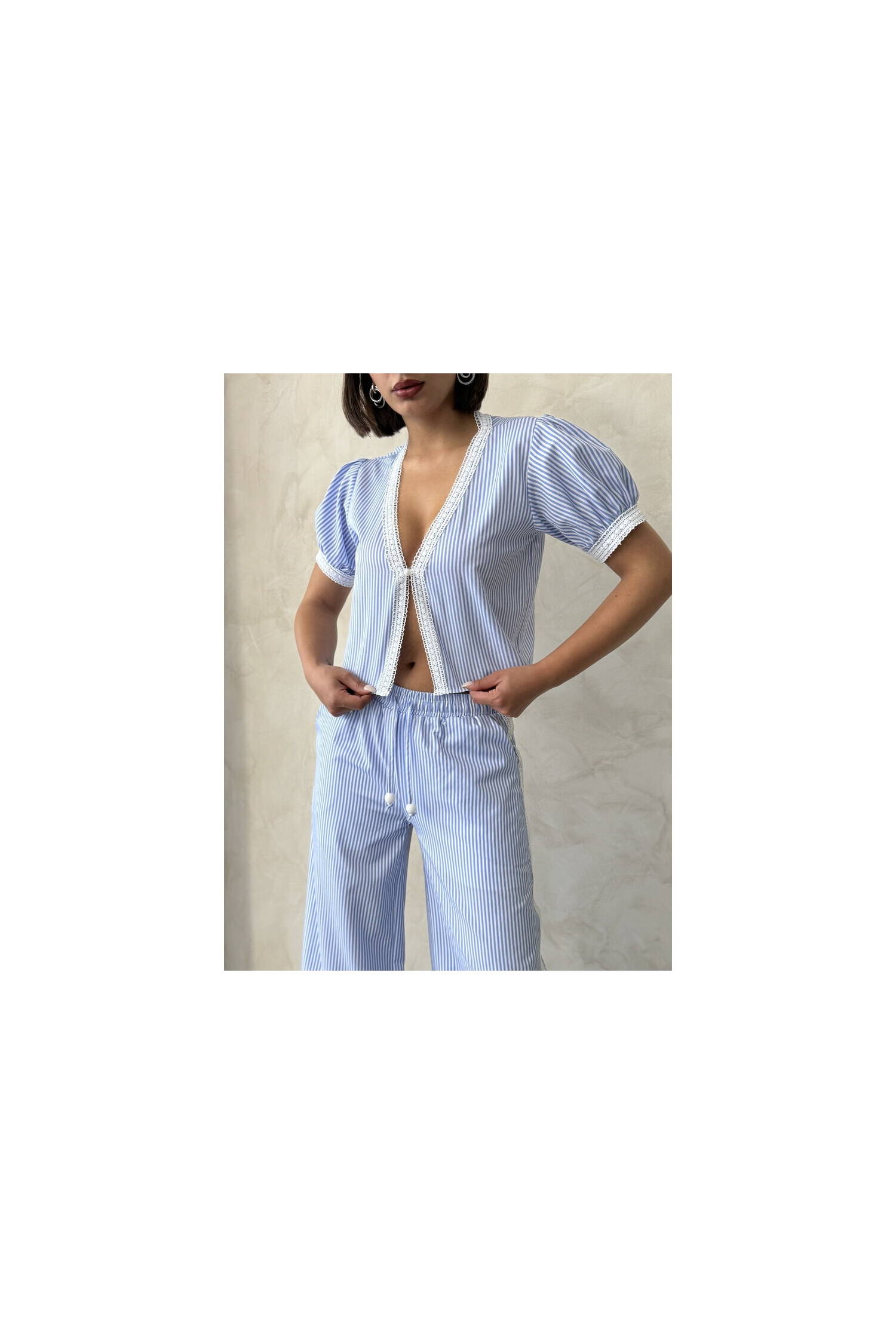 Guipure Detailed Striped Blouse - Brand: Topshow - Women's Clothing Wholesale - Globality Store