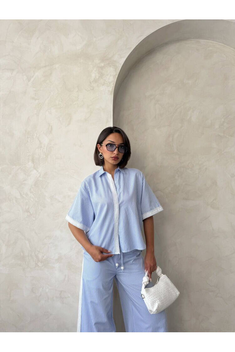 Guipure Detailed Striped Shirt